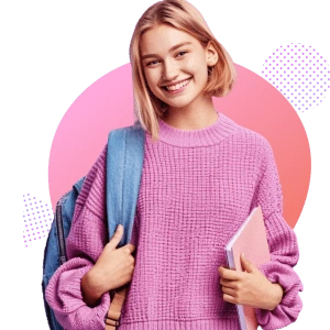 A girl in a pink sweater and backpack smiles outdoors